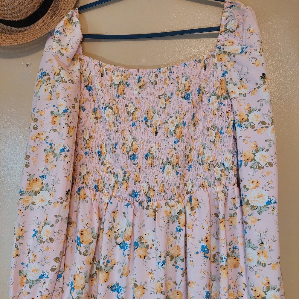 SHEIN Floral Smocked Puff Sleeve Mini Dress XL Light Pink Boho Square Neck - Picture 3 of 8